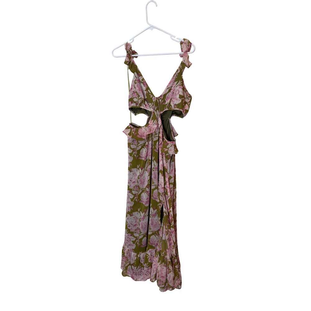 Likely Dress Womens 10 Green Pink Floral Cutout Ruffle Maxi Sleeveless Summer